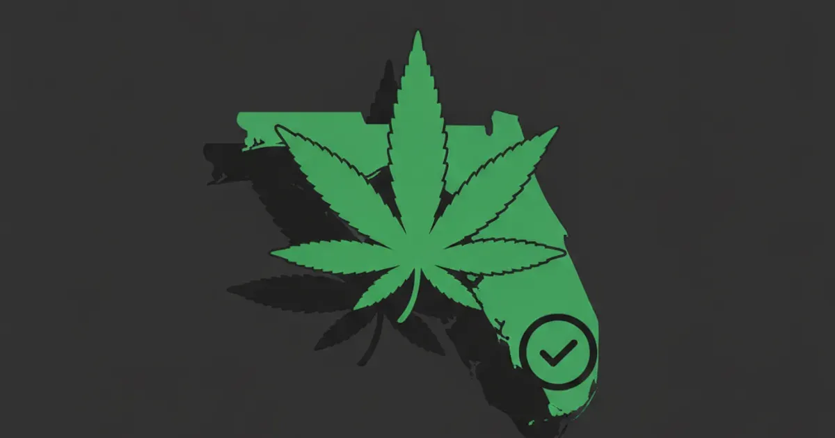 Flat illustration of a green hemp leaf over a Florida state silhouette with a checkmark, on a dark charcoal background.