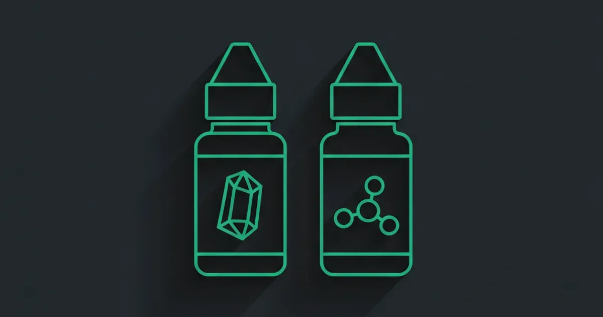Flat illustration of two e-liquid bottles labeled with salt-crystal and molecule icons on a dark charcoal background with a green accent.